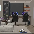 Modern Gaming Room Interior With Dual Monitors Black Chairs Sofa Neon Lights And Collectibles