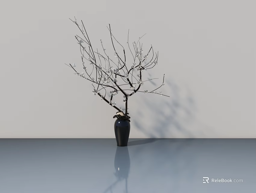 Black Vase with Bare Branches on Light Colored Wall Background and Smooth Tabletop with Shadow 3d model