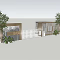 Modern Entrance Gate Design With White Fence Trees And Decorative Plants