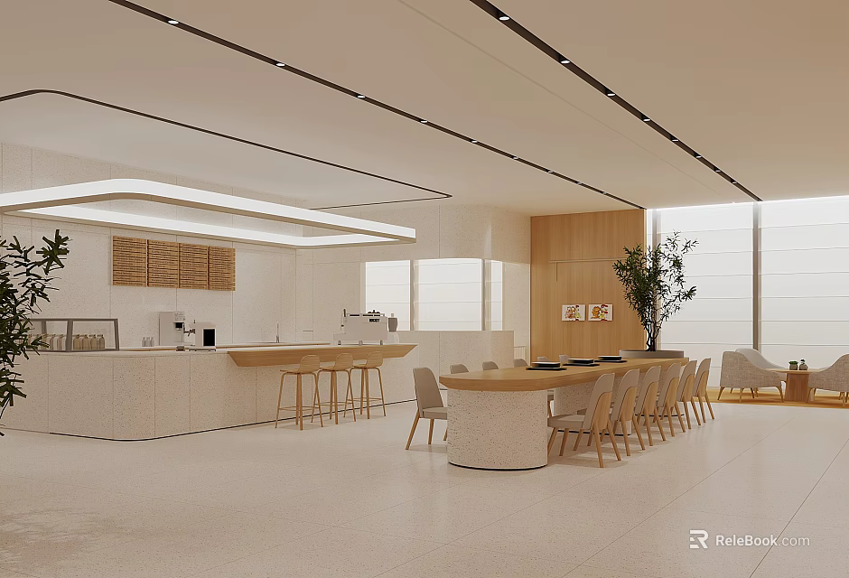 Modern Bright Break Room Interior Design With White Wooden Counter Dining Table Chairs And Plants 3d model 