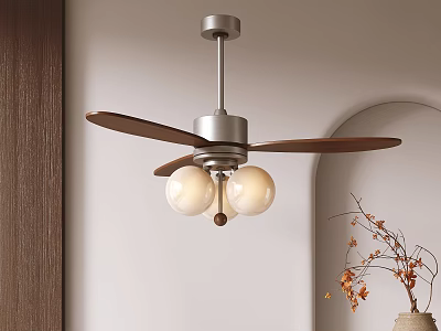 Modern Ceiling Fan Chandelier With Wooden Blades And Spherical Glass Bulbs 3d model