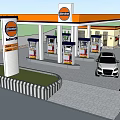 Gas Station Exterior With Orange White Canopy Fuel Pumps And Parked Car