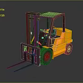 Yellow Industrial Forklift With Brown Forks Operator Cab And Black Wheels