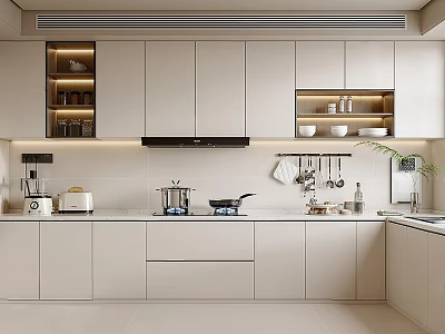 Modern Kitchen Interior With Light Colored Cabinets And Neat Countertop Utensils Layout 3d model