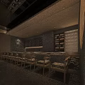 Cozy Restaurant Interior With Wooden Ceiling Dark Walls Circular Decor And Shelves With Bottles