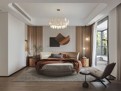 Elegant Modern Bedroom Interior With Round Bed Wooden Walls And Chandelier 3d model