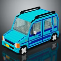 Blue Pixel Art Car Model With Building Block Design And Toy Vehicle Features