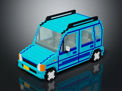Blue Pixel Art Car Model With Building Block Design And Toy Vehicle Features 3d model