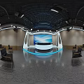 Modern Conference Room With Black Chairs Large Screen Tripod Equipment Grid Ceiling And Lighting