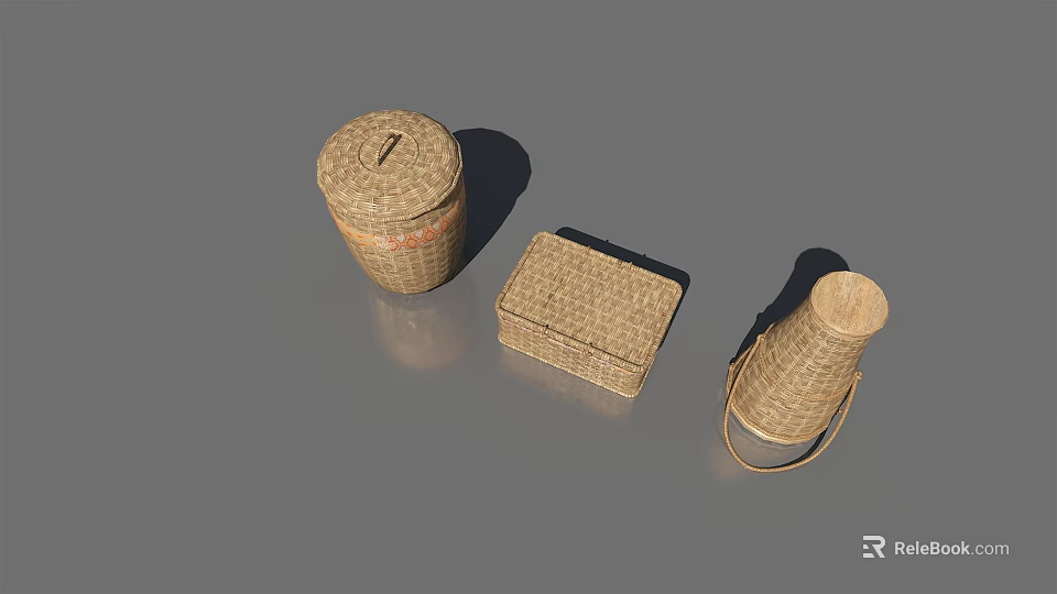 Woven Household Items Including Cylindrical Storage Jar Square Box And Handheld Basket For Home Organization 3d model 