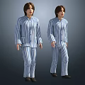Woman in Casual Blue and White Striped Pajamas Full Body Portrait View