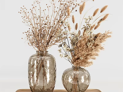 Two Glass Vases With Dried Flowers Oval And Spherical Design On Wooden Tray Light Background 3d model