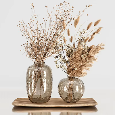 Two Glass Vases With Dried Flowers Oval And Spherical Design On Wooden Tray Light Background 3d model