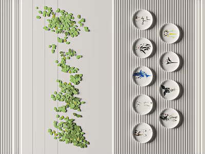 Wall Decor With Circular Plates Various Patterns Green Leaf Accents Striped Wall Background 3d model