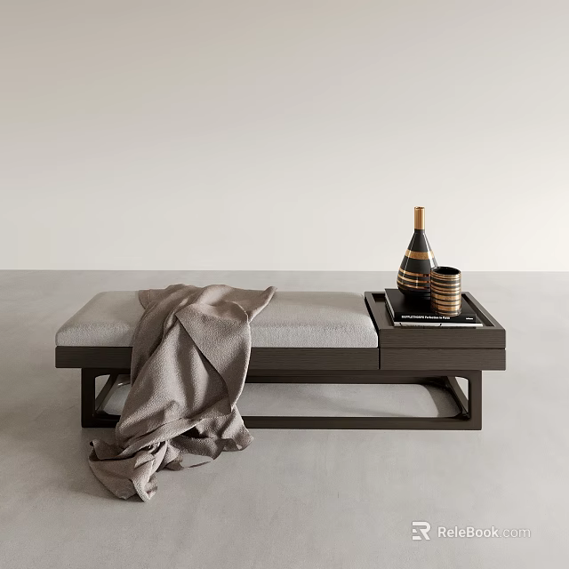 Modern Sofa Bench With Gray Cushion Dark Wooden Frame Tray Wine Bottle And Glasses 3d model 