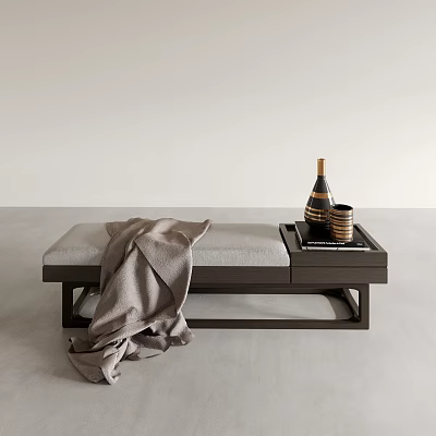 Modern Sofa Bench With Gray Cushion Dark Wooden Frame Tray Wine Bottle And Glasses 3d model