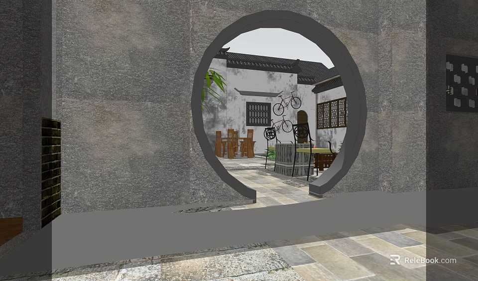 Classical Garden Landscape View Through Circular Doorway With White Walls Lattice Windows And Courtyard Seating 3d model 
