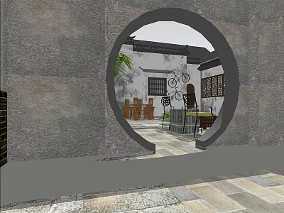 Classical Garden Landscape View Through Circular Doorway With White Walls Lattice Windows And Courtyard Seating 3d model