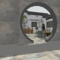 Classical Garden Landscape View Through Circular Doorway With White Walls Lattice Windows And Courtyard Seating