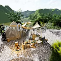 Sunlit Outdoor Interactive Area With Canvas Tent Campfire Setup And Wooden Seating