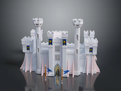 White Castle Architecture With Tall Towers Blue Flags Decorative Spires And Grand Entrance 3d model