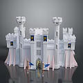 White Castle Architecture With Tall Towers Blue Flags Decorative Spires And Grand Entrance