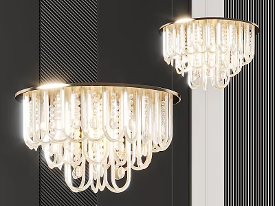 Modern Design Illuminated Chandeliers With Transparent Crystal Strips And Dark Striped Wall 3d model