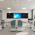 School Modern Classroom With Green Accent Wall White Desks Digital Screen And Large Windows