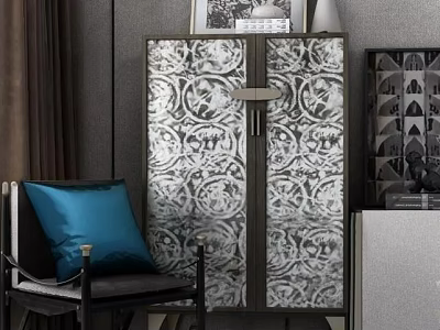 Stylish Entryway Console Cabinet With Intricate Black White Pattern Accent Chair And Blue Cushion Decor 3d model