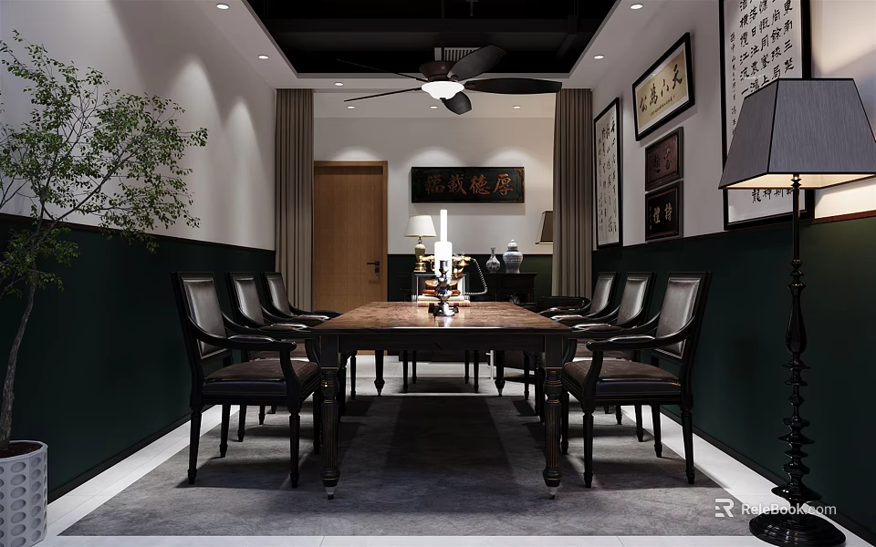 Chinese Style Dining Room With Long Wooden Table Chairs Green Plant Ceiling Fan And Calligraphy 3d model 