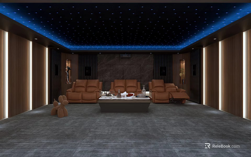 Modern Home Theater Room With Starry Ceiling And Brown Leather Sofas 3d model
