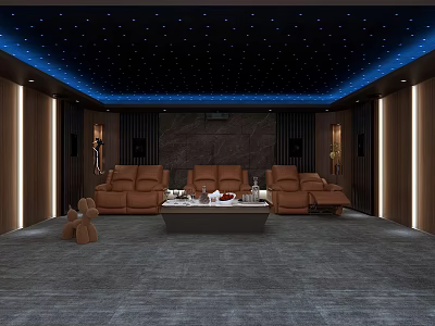Modern Home Theater Room With Starry Ceiling And Brown Leather Sofas 3d model