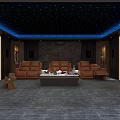 Modern Home Theater Room With Starry Ceiling And Brown Leather Sofas 3d model