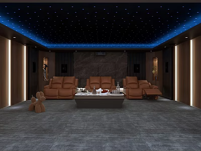Modern Home Theater Room With Starry Ceiling And Brown Leather Sofas 3d model