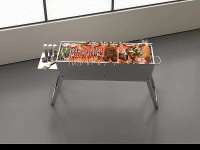 Stainless Steel Grill Cooking Tool for Grilled Meat Vegetable Skewers with Seasoning in Open Space 3d model
