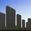 Modern Tall Residential Buildings With Green Lawn Trees And People