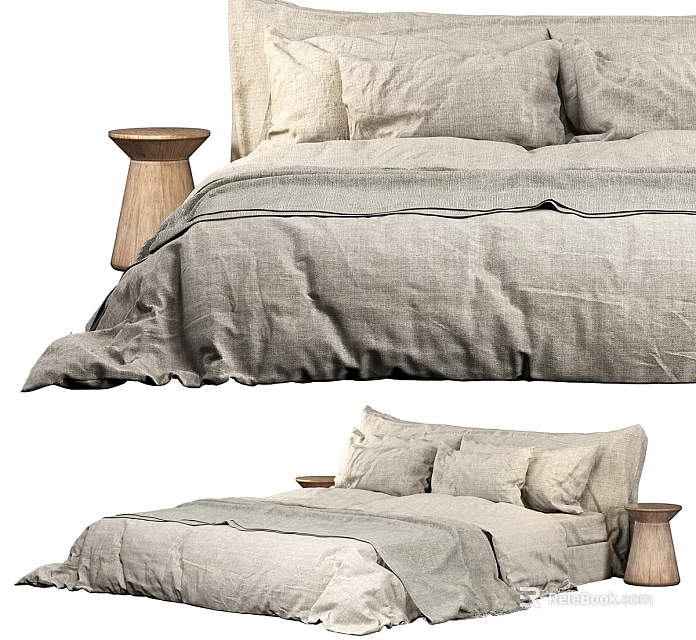 Double Bed With Gray Linen Bedding Soft Pillows And Wooden Stool Side 3d model 