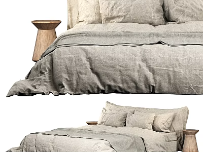Double Bed With Gray Linen Bedding Soft Pillows And Wooden Stool Side 3d model