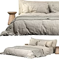 Double Bed With Gray Linen Bedding Soft Pillows And Wooden Stool Side 3d model
