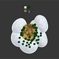 3D Scenic Design With Circular Ground Green Trees Small House People And Cloud Like Edges