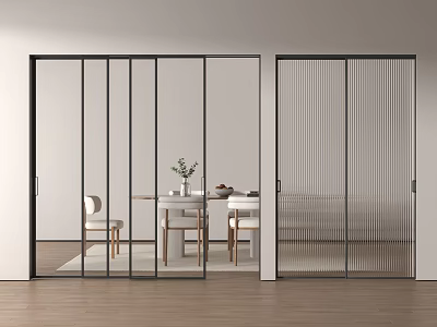 Modern Dining Room With Transparent Glass And Vertical Striped Sliding Doors 3d model