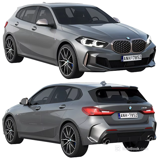 BMW Gray Hatchback Car With Sporty Design Front Headlights Rear Taillights 3d model 