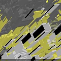 Airplane Flying Over Abstract Cityscape With Black And Yellow Geometric Structures