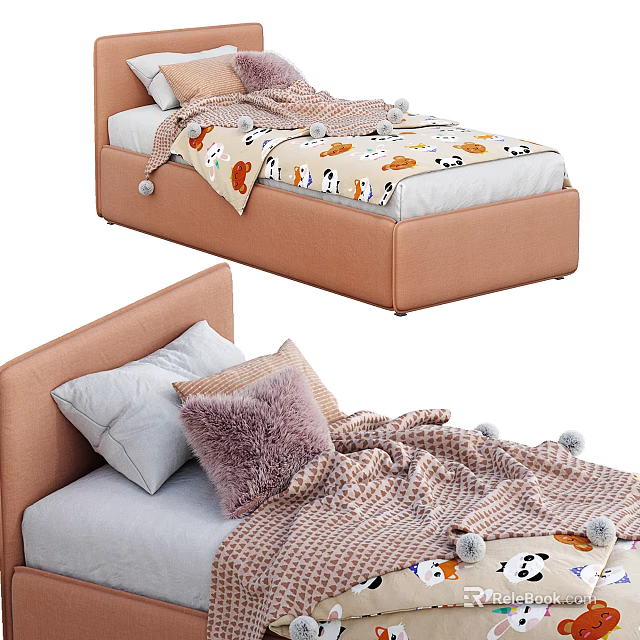 Modern Single Bed Setup With Light Brown Headboard Gray Purple Pillows And Plaid Blanket 3d model 