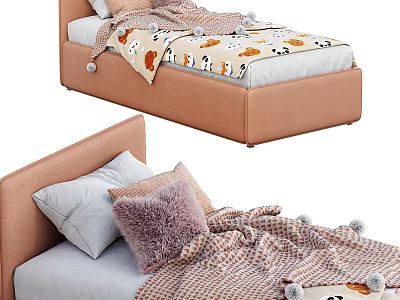 Modern Single Bed Setup With Light Brown Headboard Gray Purple Pillows And Plaid Blanket 3d model