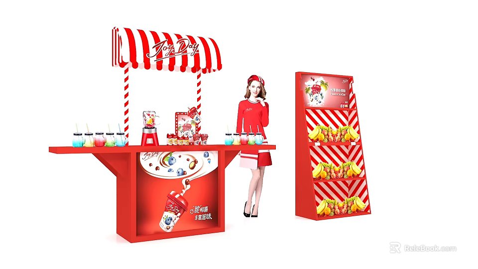 Interactive Zone Featuring Red Striped Awning Counter Colorful Drinks Candy And Display Stand 3d model