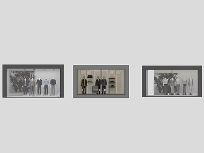 Stylish Shop Window Display with Mannequins and Fashionable Clothing Items 3d model