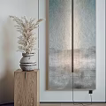 Modern Interior With Blue Gray Vertical Painting Wooden Shelf And Dried Flower Vase