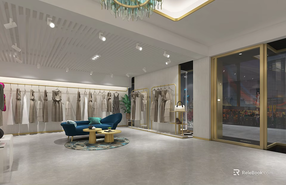 Modern Clothing Store Interior With Clothes Racks Blue Sofa Gold Coffee Table And Chandelier 3d model 