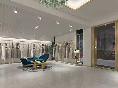 Modern Clothing Store Interior With Clothes Racks Blue Sofa Gold Coffee Table And Chandelier 3d model